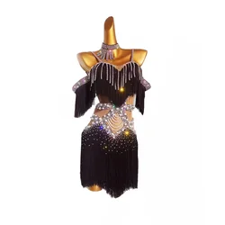 Latin Dance Competition Women's High-end Custom Tassel Splicing Pearl Samba Performance Clothing Black Pool Dress