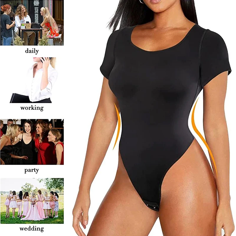 Plus Size Seamless Tummy Control Thong Bodysuit Short Sleeves Square Neck Shapewear Women Slimming One-Piece Sculpting Jumpsuits