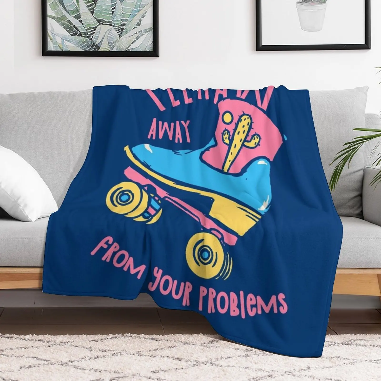 YeeHaw Away From Your Problems Blue BG Funny Adulting Yee Haw Cowboy Boot Roller Skater Boots MEME Throw Blanket