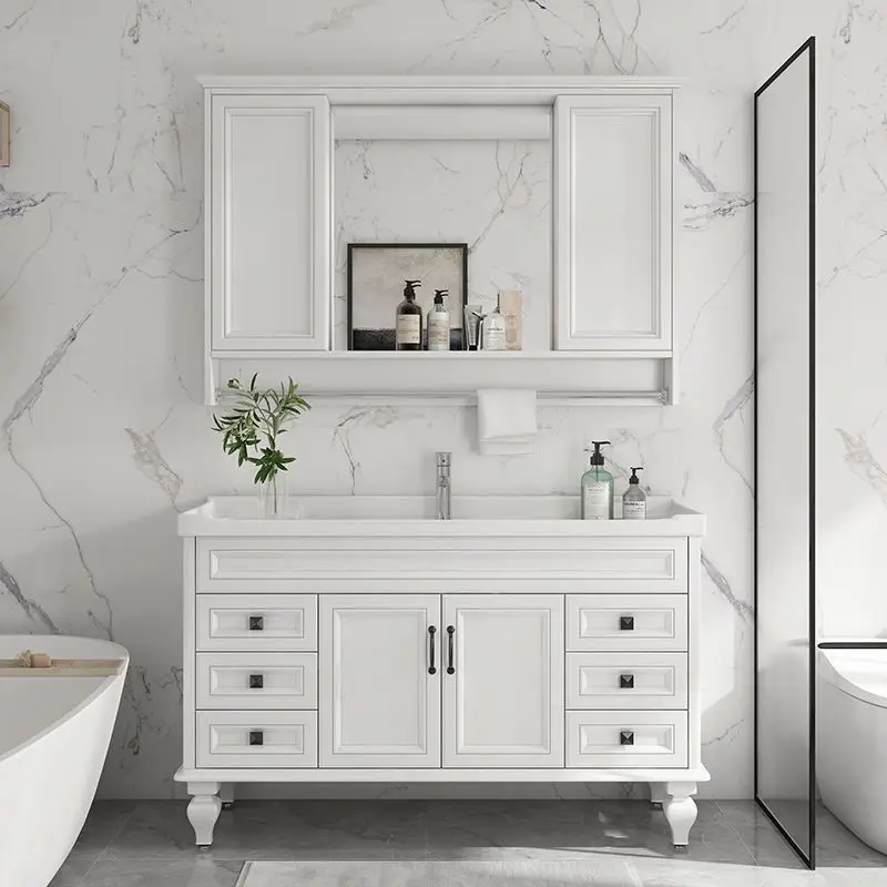 Modern Simple Floor Mounted Bathroom Vanity with Concealed Sliding Fortune Mirror Integrated Sink Cabinet Set