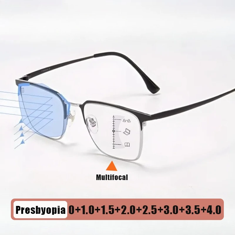 

Fashion Square Frame Progressive Multifocal Presbyopia Glasses Pure Titanium Half-frame Unisex Anti-blue Light Reading Glasses