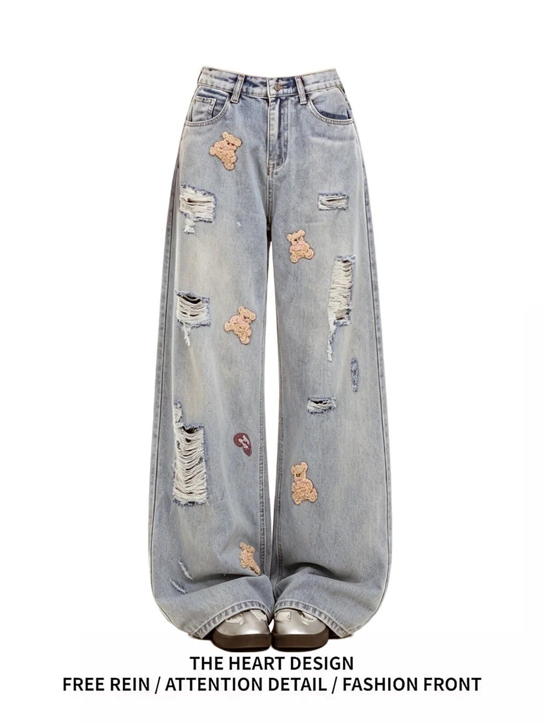 

Retro American Towel Embroidery Wide Leg Jeans Women's Summer New Loose Straight Cut Torn Hole Design High Waist Denim Pants