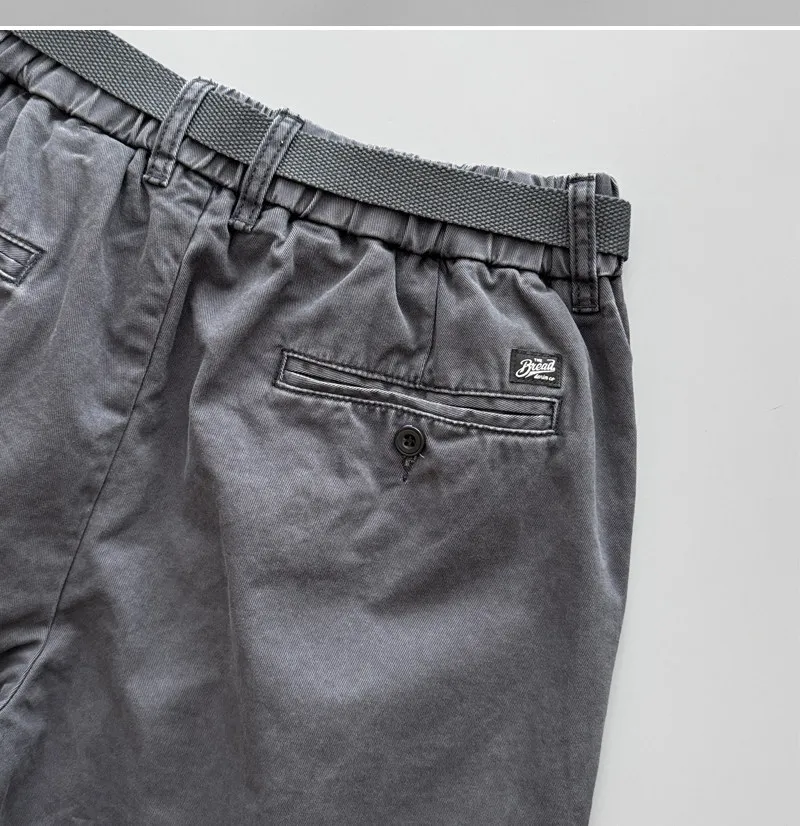 American Retro Heavyweight 100% Cotton Shorts for Men Vintage Wash Distressed Slight Loose Straight Casual Knee-Length with Belt