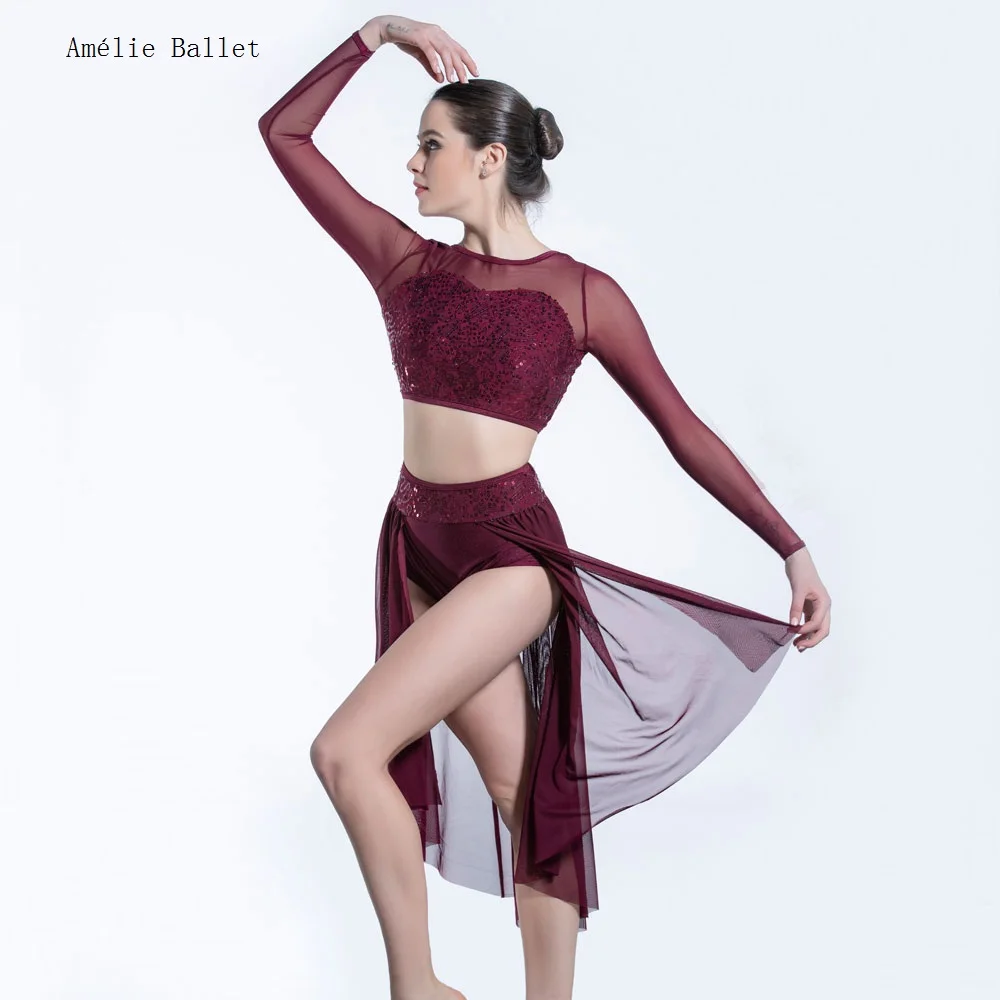 19600 Burgundy Sequin Lace Mesh Sleeves Top with Mesh Skirts Dancewear Ballet Costumes Lyrical & Contemporay Ballet Wear