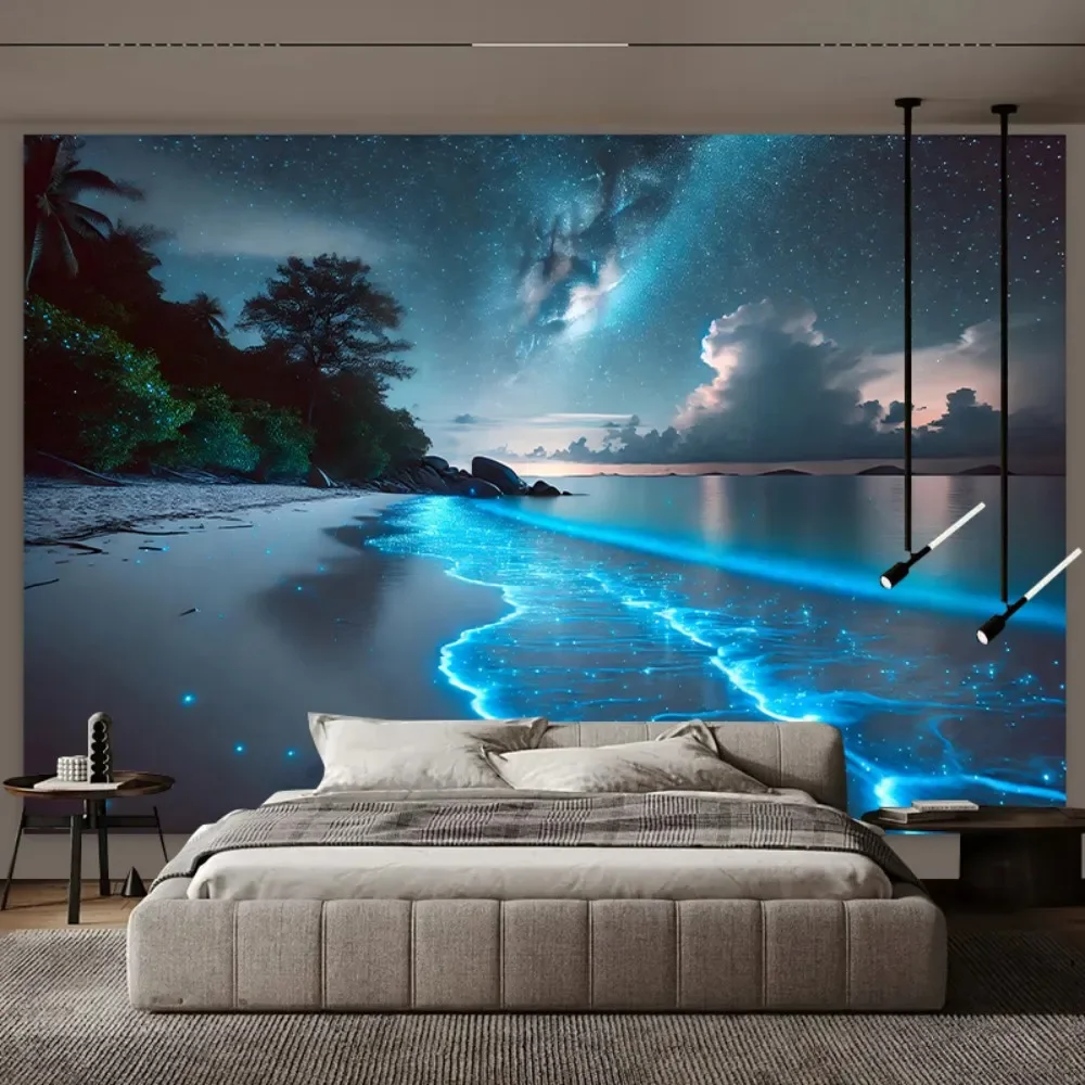 Fluorescent Beach Night Scene Aesthetic Tapestry Multi Purpose Holiday Decor Bedroom Office Living Room Home Decor