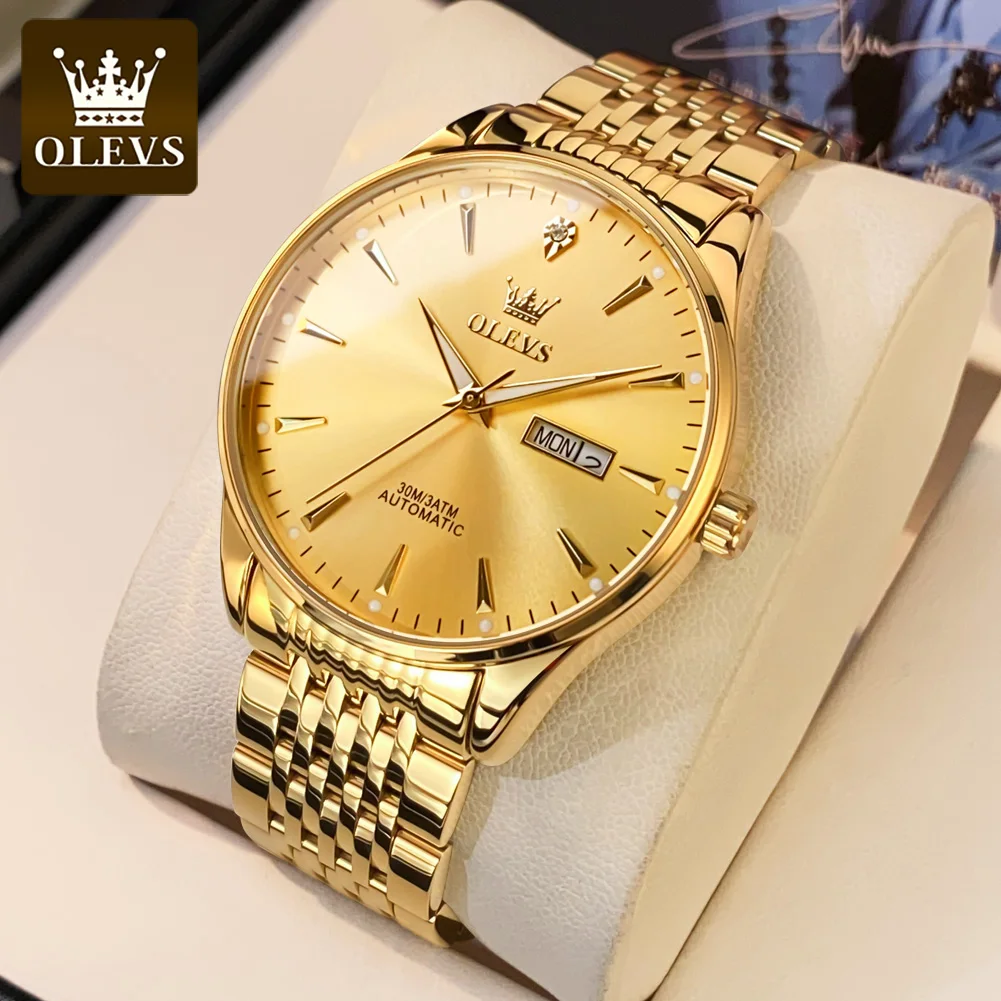 OLEVS Golden Automatic Mechanical Watch for Men Luxury Waterproof Luminous Calendar Stainless Steel Elegant Men\'s Watches 6635