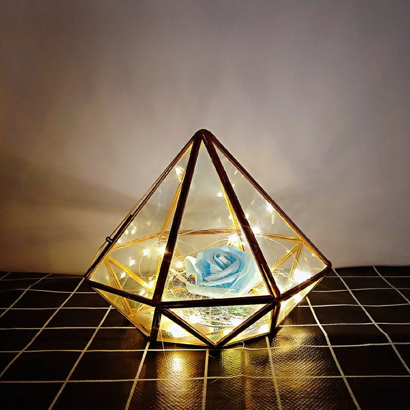 

Clear Glass Bottle with Metal Frame - Love/Polygon/Diamond Geometric LED Light Ornament, Decorative Gift Box for Home Decor