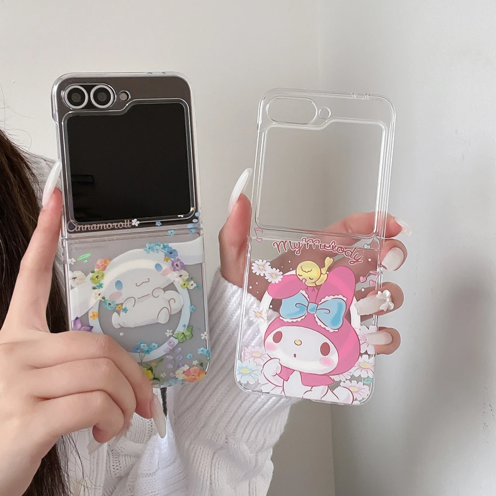 Cute Cartoon Sanrio Melody Cinnamoroll Magnetic Magsafe Wireless Charge Phone Case For Samsung Galaxy Z Flip 7 6 5 Soft Cover