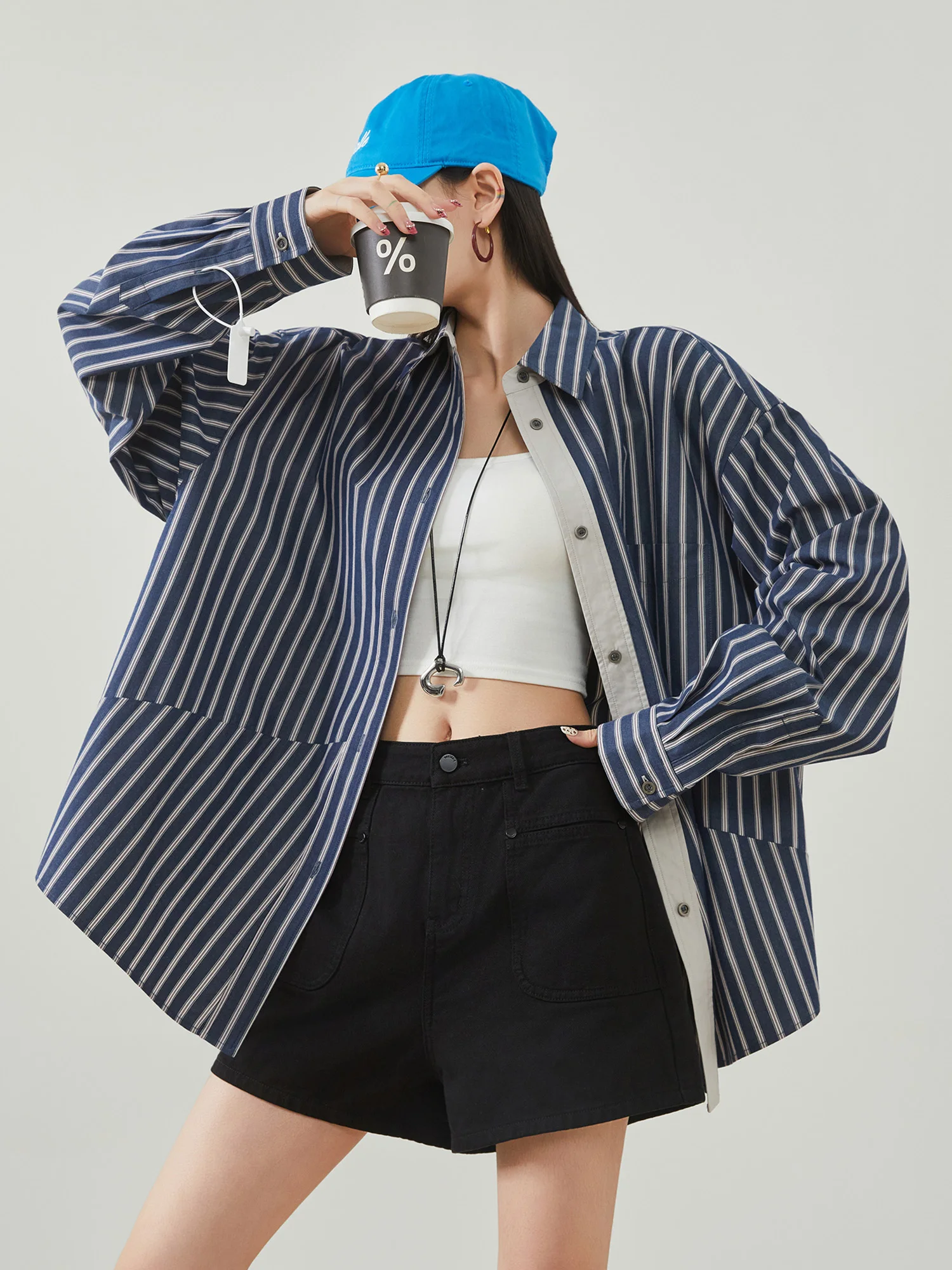 

Nautical Oversize Striped irt Women's Spring 2026 New Sle Color Blo Versatile Outerwear Long Sve Flip Collar Commute