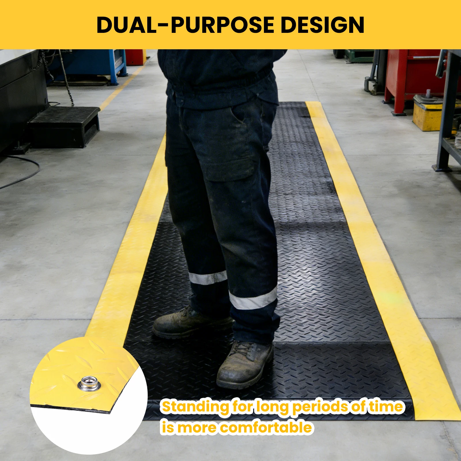 

Эргономичный напольный коврик для работы стоя 144x36 дюймов с желтой защитной окантовкой, промышленный комфортный коврик для гаражей и складов