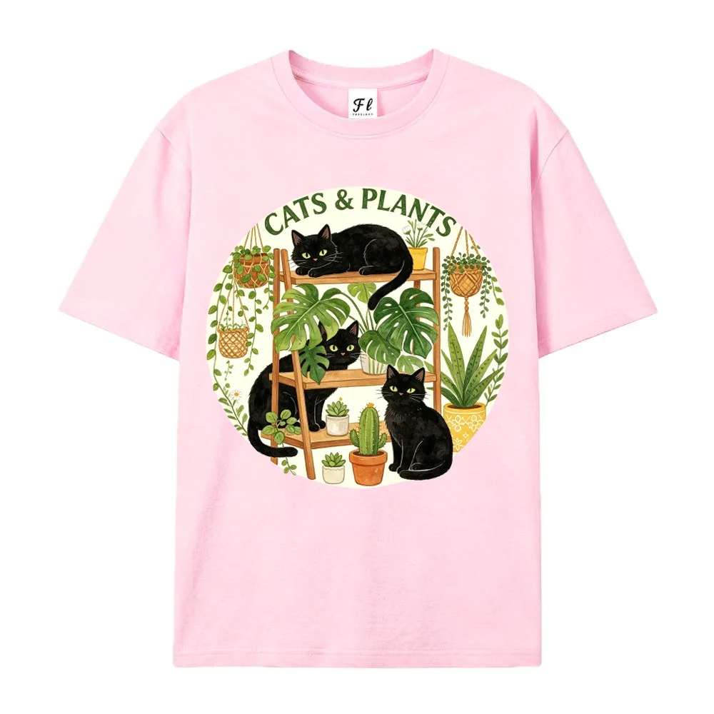 Women  Cat Plant Graphic T Shirt Black Cat On Shelf Botanical Aesthetic Short Sleeve Tee Top