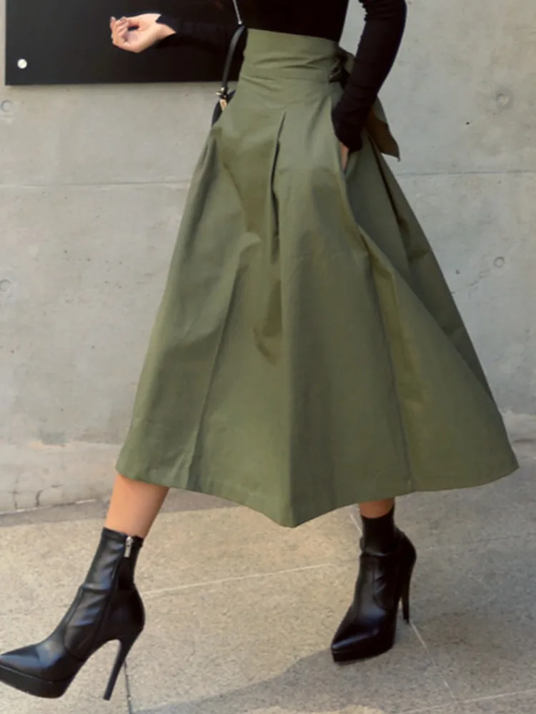 Gonna a trapezio retrò snellente da donna Primavera Autunno ular Knot Versatile gonna midi in cotone a vita alta