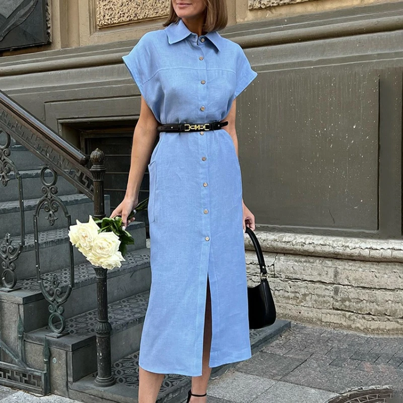 

Light Ripe Blue High Waisted Lace Up Dress Autumn Design Sense with A Lapel Cotton Linen Shirt Skirt and Long Skirt