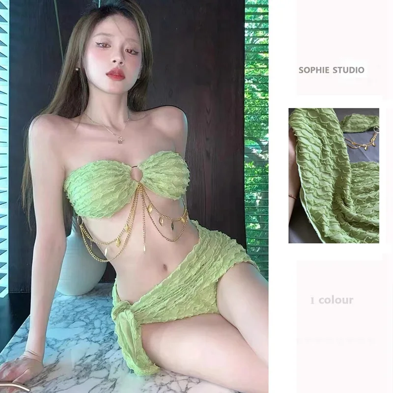 

Sexy Lifting Bikini Set 3 Piece Swimsuit Wrap Cover Up Slimming Swimsuit for Hot Spring Vacation Instagram Triangle Beachwear