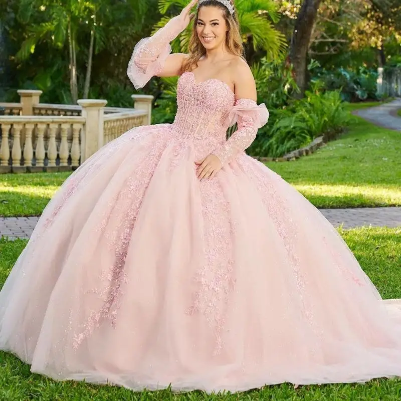 

Pink Sequined Appliques Beading Shiny Crystal Tull Ball Gown Quinceanera Dresses Off The Shoulder Corset Vestidos De 15 Años