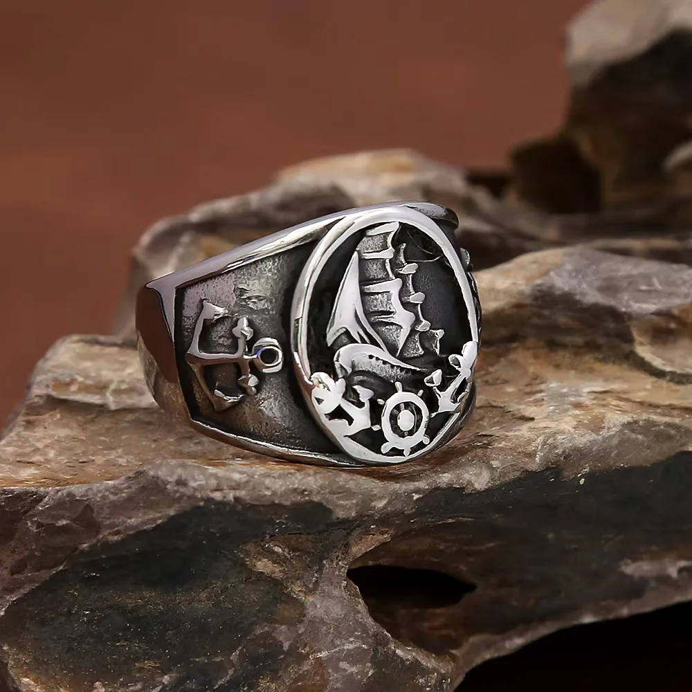 Vintage Nautical Nordic Sailboat Pirate Signet Ring Stainless Steel Anchor Wheel Amulet For Men Street Outfit Fashion Jewelry