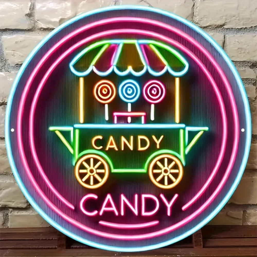 Retro Candy Store Metallschild, 8x8 Zoll rundes Blechschild für die Wanddekoration von Café-Shops