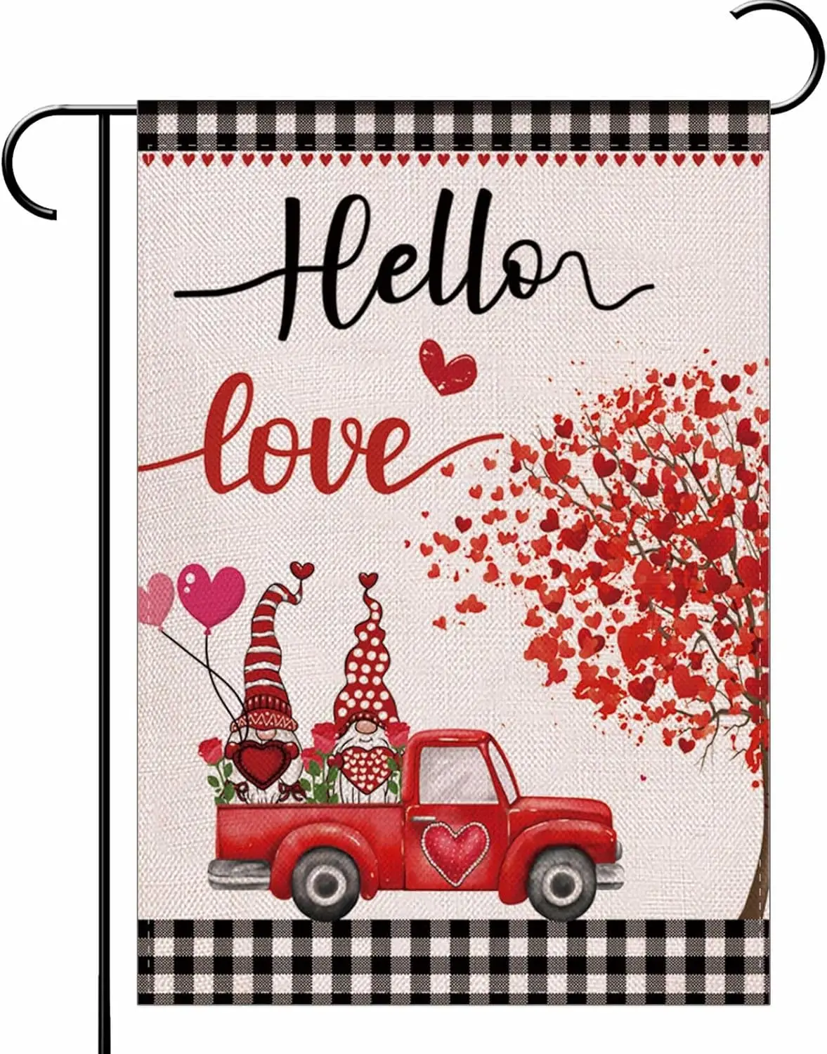 Valentines Day Hello Love Garden Flag 12.5x18 Inch，Valentine Gnomes Truck Love Heart Tree Garden Flag Buffalo Plaid Double Sided