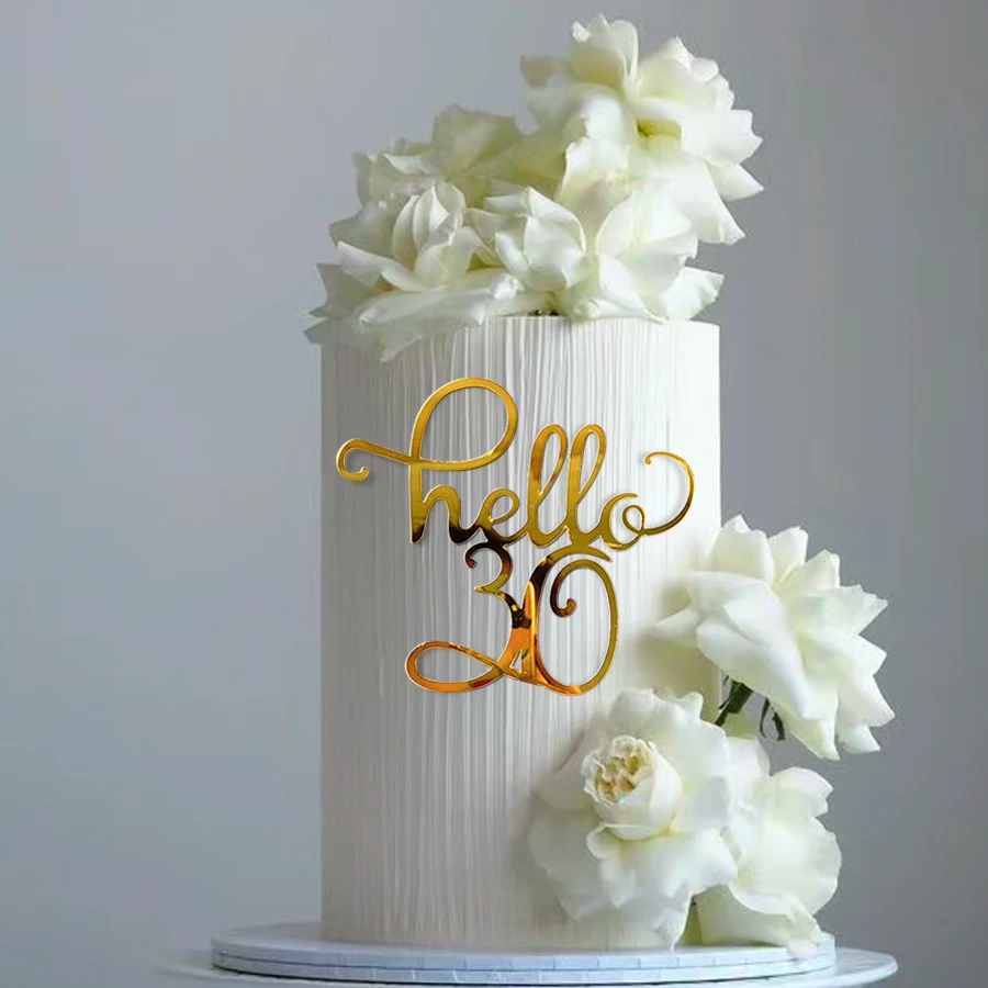 3pcs Golden Acrylic Cake  Decorations,Hello21 30 40 50 60 for Wedding Anniversary Birthday Party Cake Topper Decorations Supply