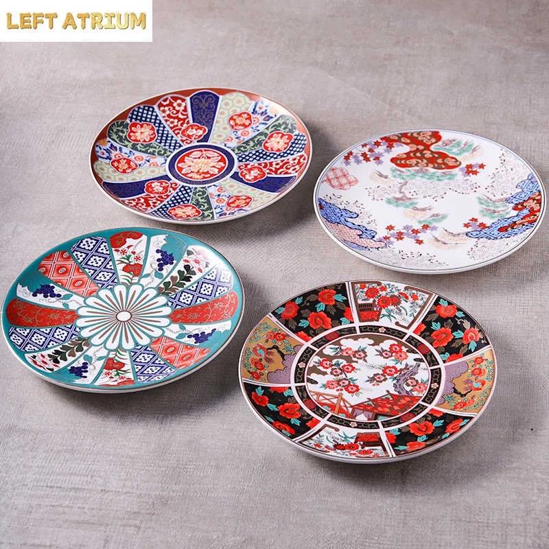 8-inch Japanese creative ceramic cutlery Hand decal round flat dessert plate Hotel Restaurant Retro cuisine Sashimi plate