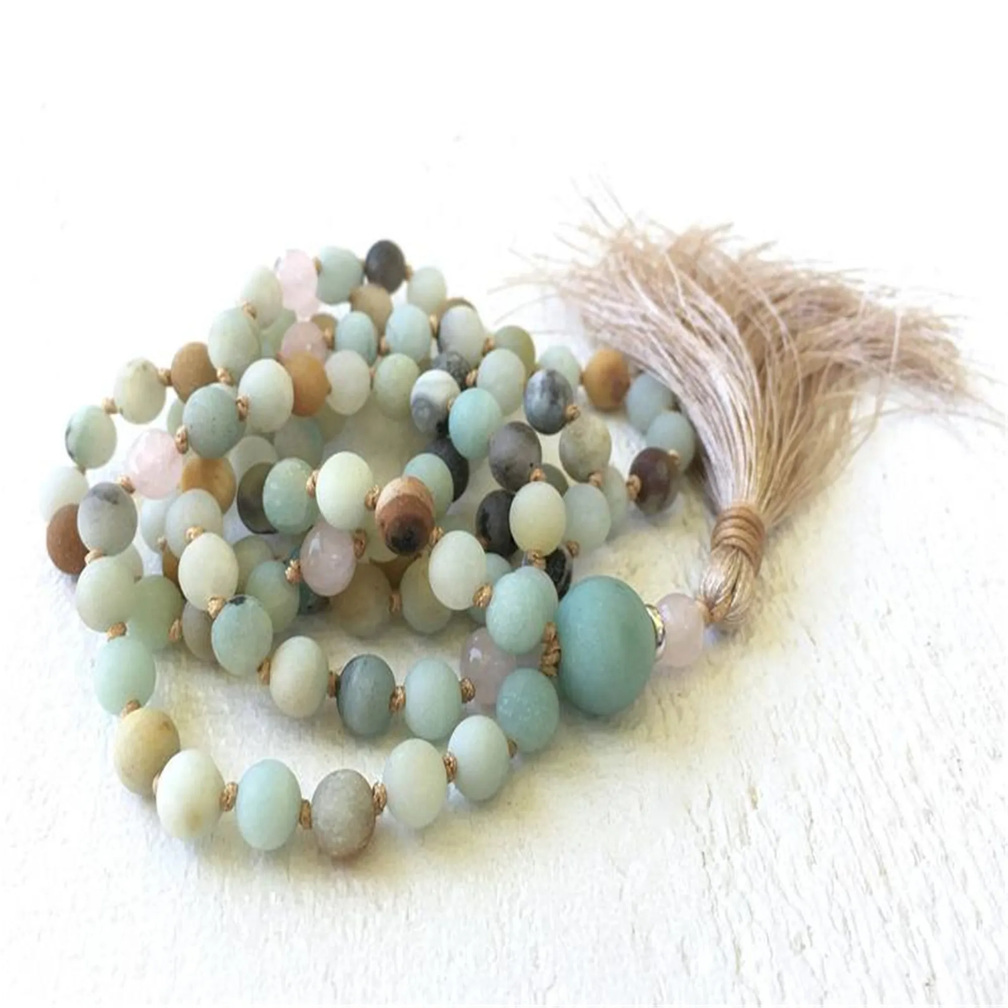 

6mm Natural Amazonium 108 Beads Tassel Knot Necklace Gift Spiritual Tranquility Peace Spiritual Relief Yoga Mala Prayer