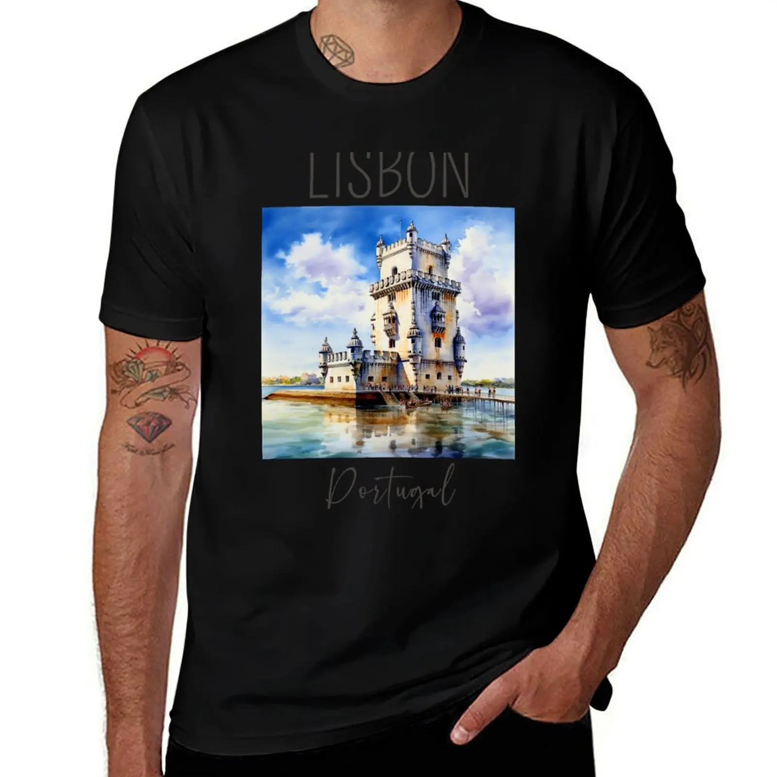 

A Watercolor Design of the Belem Tower in Lisbon - Portugal T-Shirt man t shirt summer graphic t shirts for man