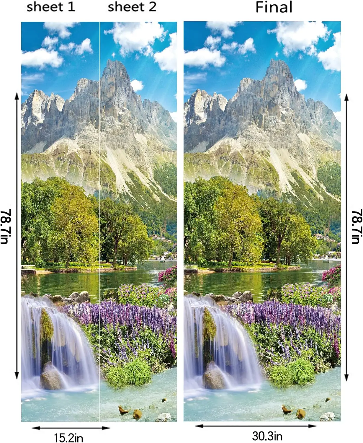 Mountain Waterfall Lake Scenery Door Sticker Self Adhesive Waterproof Vinyl Mural Removable Bedroom