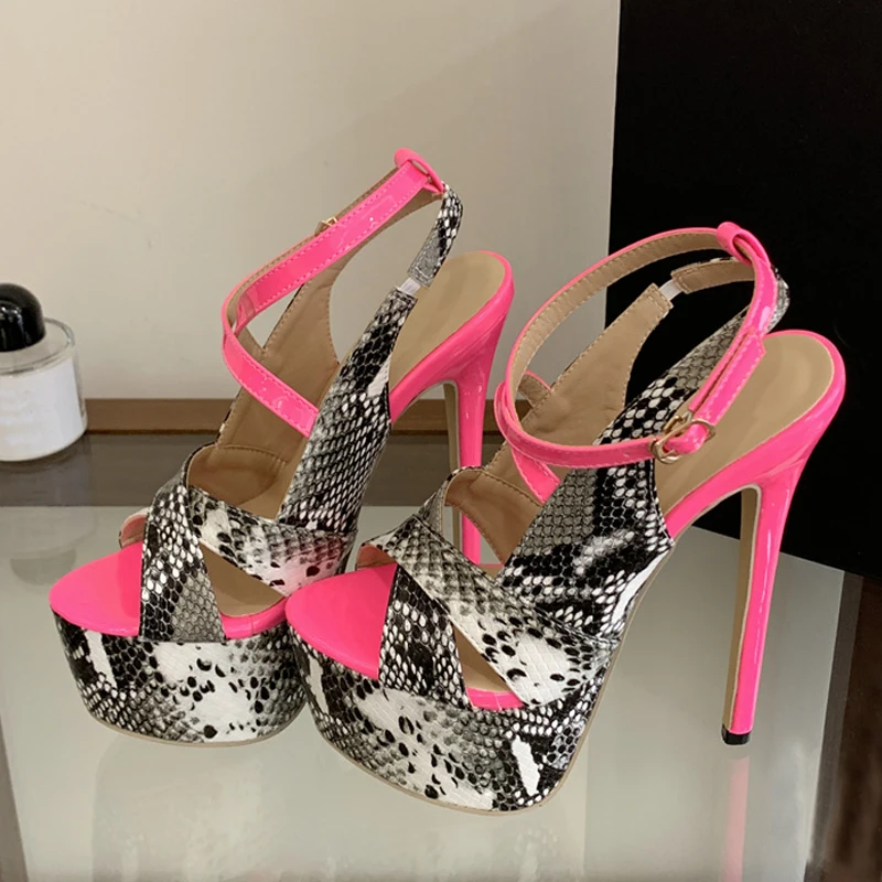 Liyke New Sexy Snake Print Leather Platform High Heels Sandals Women Fashion Peep Toe Buckle Strap Stiletto Party Dress Shoes image 4