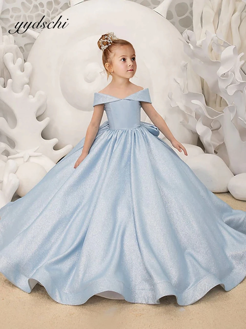 Vestidos de flores azules para niña, vestido de baile de satén de princesa elegante para niños, vestido de fiesta de cumpleaños con lazo Simple, vestido de primera comunión