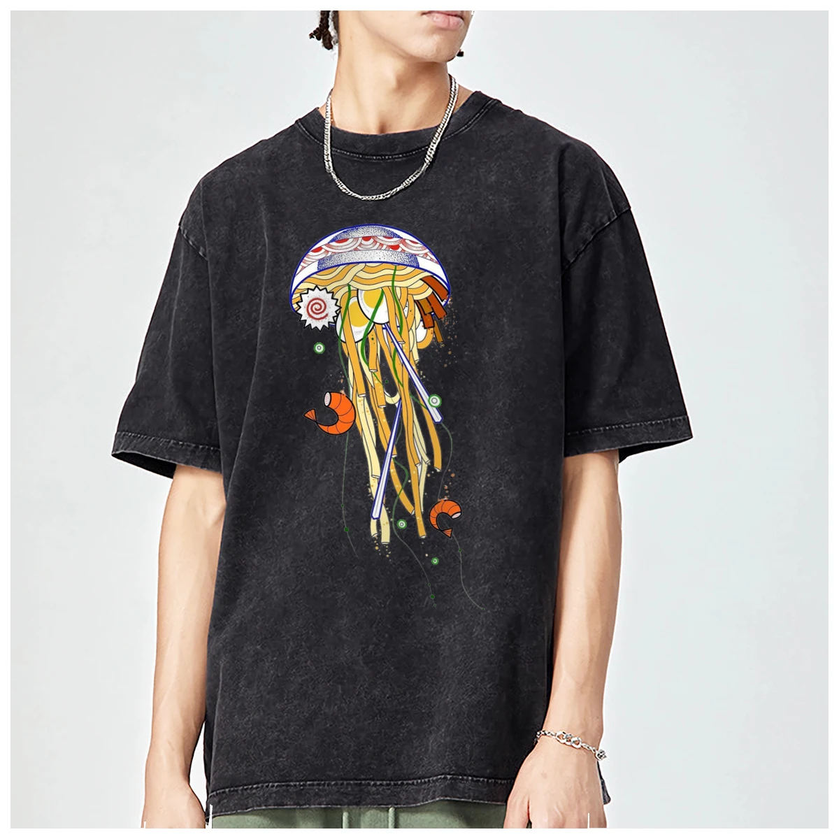 Swimming Colorful Jellyfish Cartoon Japanese Oversized t shirt men Women Fashion Casual Vintage Washed Streetwear Cotton top