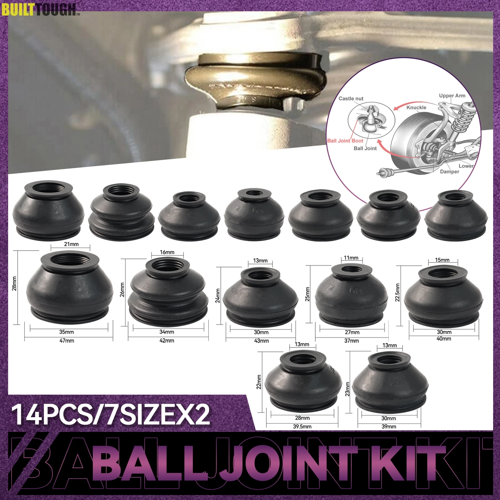 7SizeX2 Universal Rubber Ball Joint Boot Dust Cover Cap Tie Rod Linkages End Set Replacement Kit Protector Guard Car Accessories