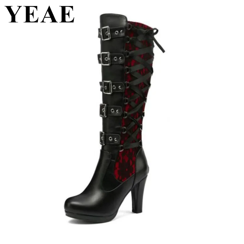 Autumn Winter Platform Knee High Boots For Women Lace Up Chunky High Heel Motorcycle Boots Punk Black Buckle Gothic Shoes 2023