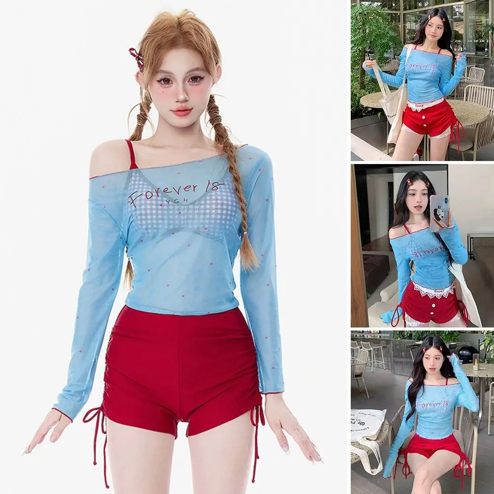 4 ピース/セット夏 Y2k 女性の水着ドーパミン長袖クロップトップス日焼け防止ブルー刺繍 T シャツ