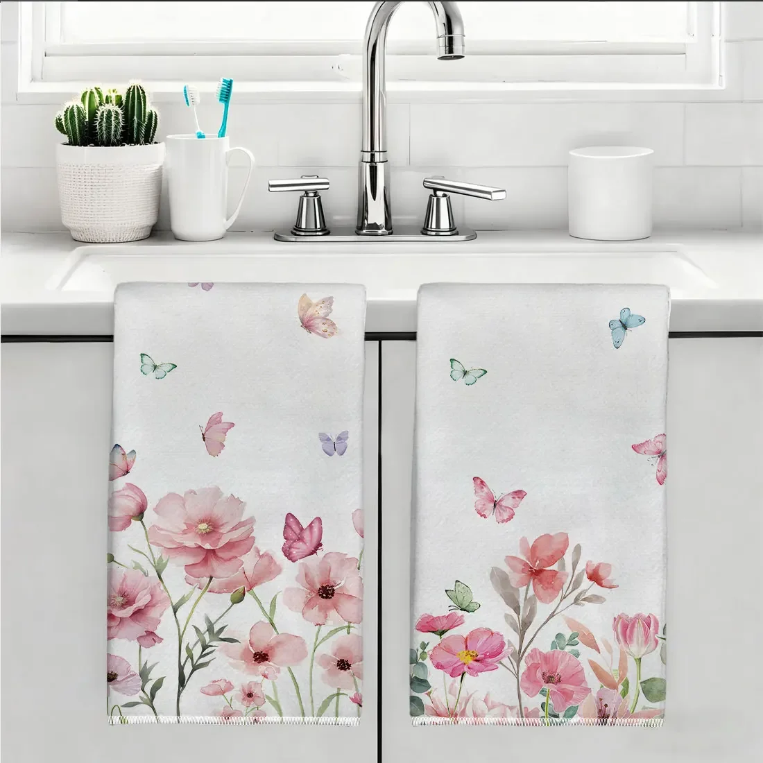 2pcs 40x60cm Spring Pink Butterfly Flowers Dishcloth Tea Towel Kitchen  Flowers Cleaning Wash Cloth Gifts