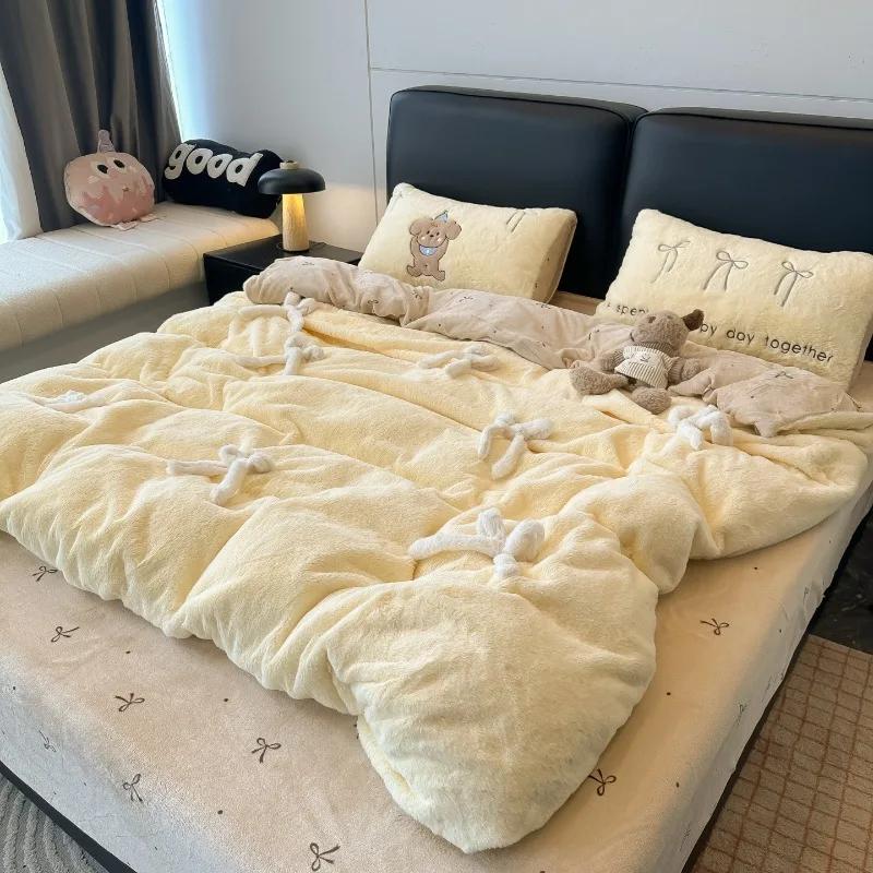 Three-dimensional Bow Milk Fleece Bed Four-piece Set Winter Thick Coral Flannel Quilt Cover Bed Sheet Pillowcase Bedding Set