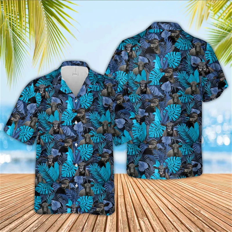 Unique Farm Flower Black Angus Cow Shirts Mens 3D Animal Print Beach Shirt Casual Tropical Hawaiian Button Short Sleeve Blouse