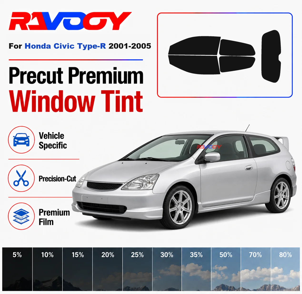 Premium Precut Window Tint Kit Front Rear Windows Rear Windshield For Honda Civic Type-R 2001-2005 Car Solar Nano Ceramic Film