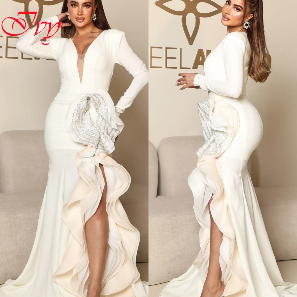 Personalizzato squisito scollo a V maniche lunghe maniche lunghe abito da sera temperamento Sweep Train abiti da ballo abiti da festa delicati