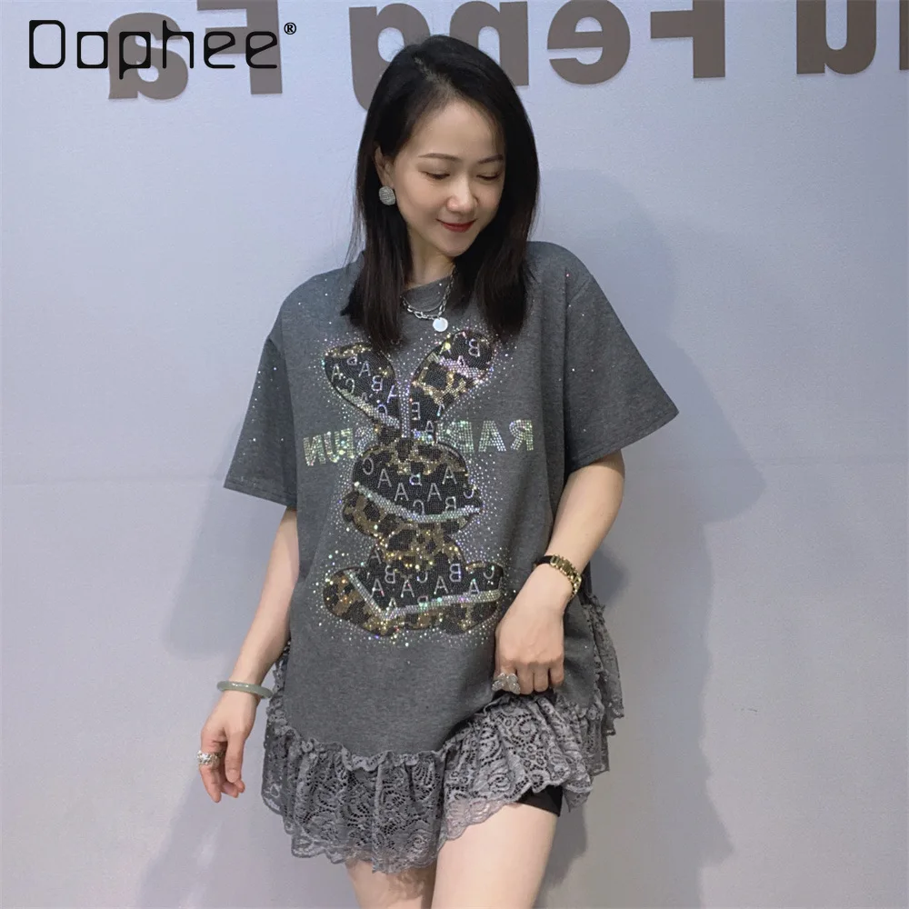 

Women's Round Neck Loose Fit Short Sleeve Top 2026 New Summer Lace Trim Hotfix Rhinestone Fashion Short Sleeve T-shirt
