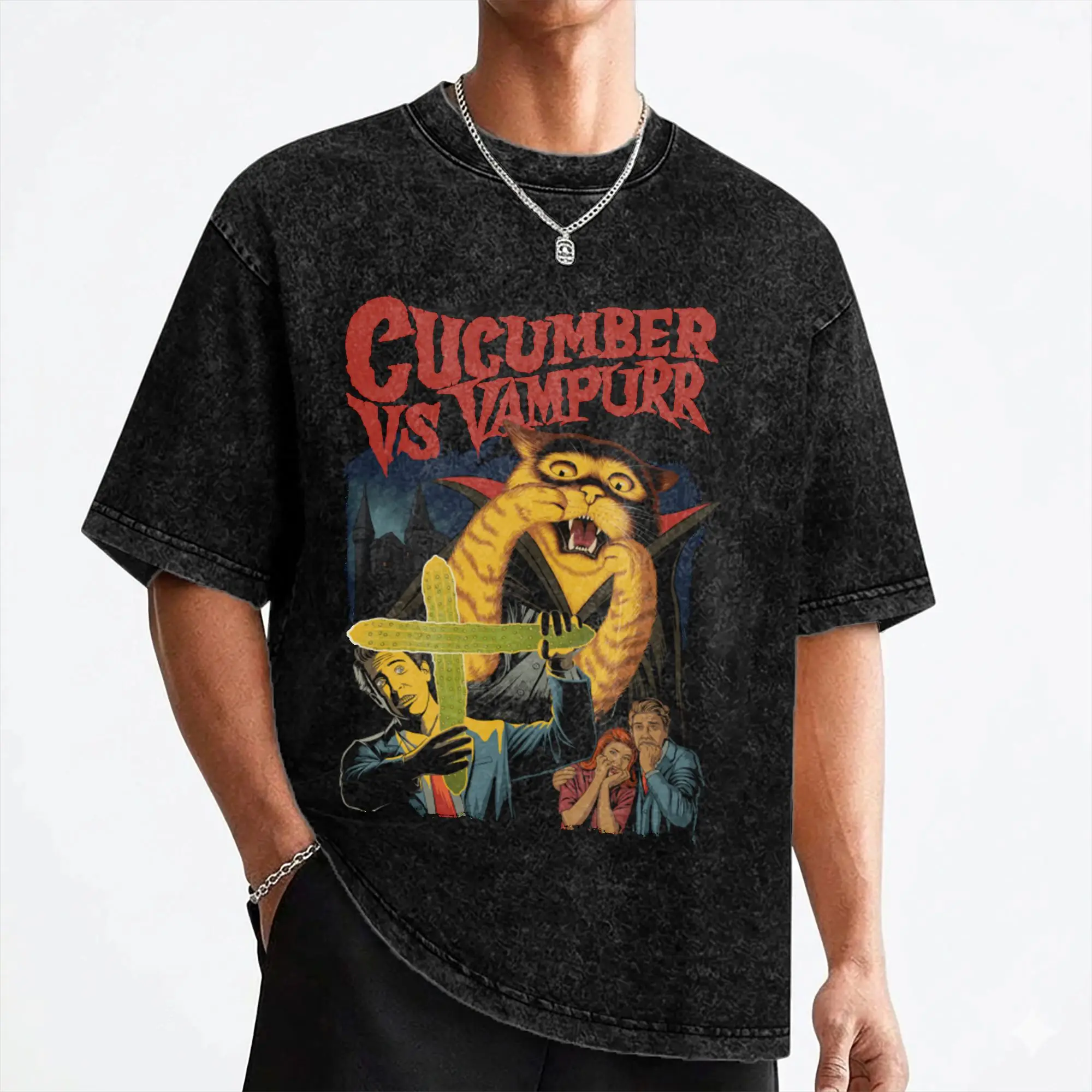 The Return of Vampurr T Shirts Washed Short Sleeve T-Shirts Vampire Cat Vs Cucumber Men Women Streetwear Printed Tees