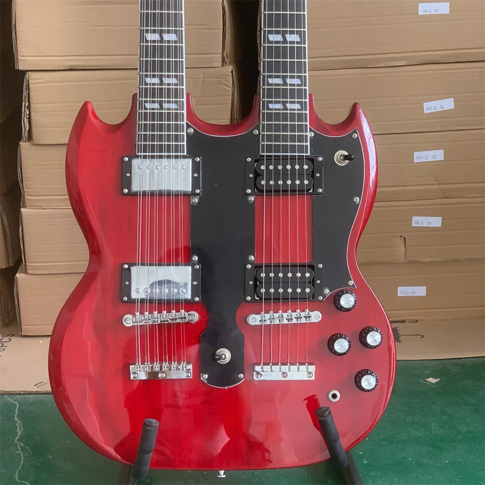 Free Shipping Top Transparent Red Solid Chrome Plated 12/6 String Double Neck Electric Guitar