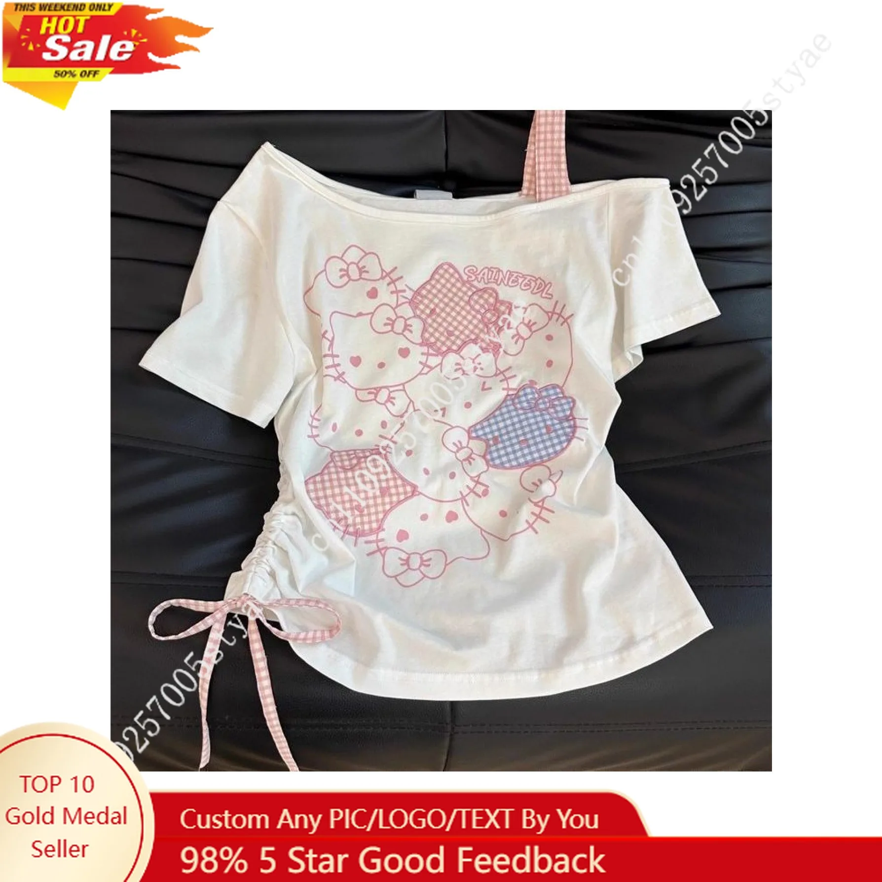 

Hello Kitty Print Bow Slim-Fit Off Shoulder Irregular Top Sanrio Cute T-Shirt Women'S Summer Comfortable Fabric Blouse