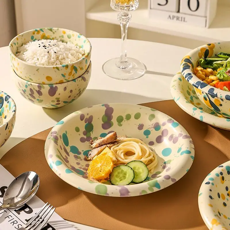 Plates Japanese Wave Point Ceramics Rice Soup Food Yogurt Container Household Speckle Ink Tableware Home Accessories