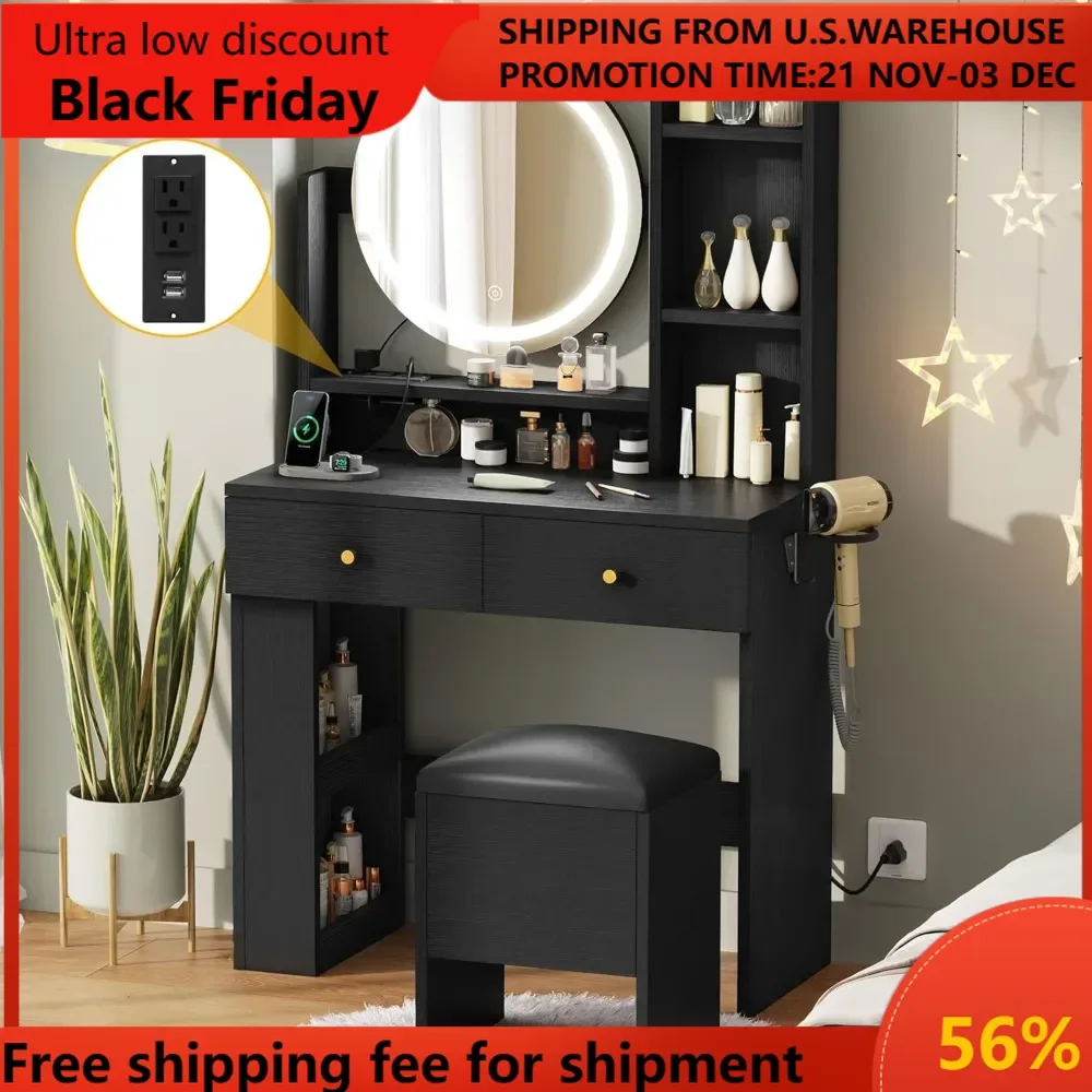 

Makeup Vanity Desk with LED Lighted Mirror, Black Vanity Set with Charger Station, Small Spaces Vanity Table for Bedroom, A