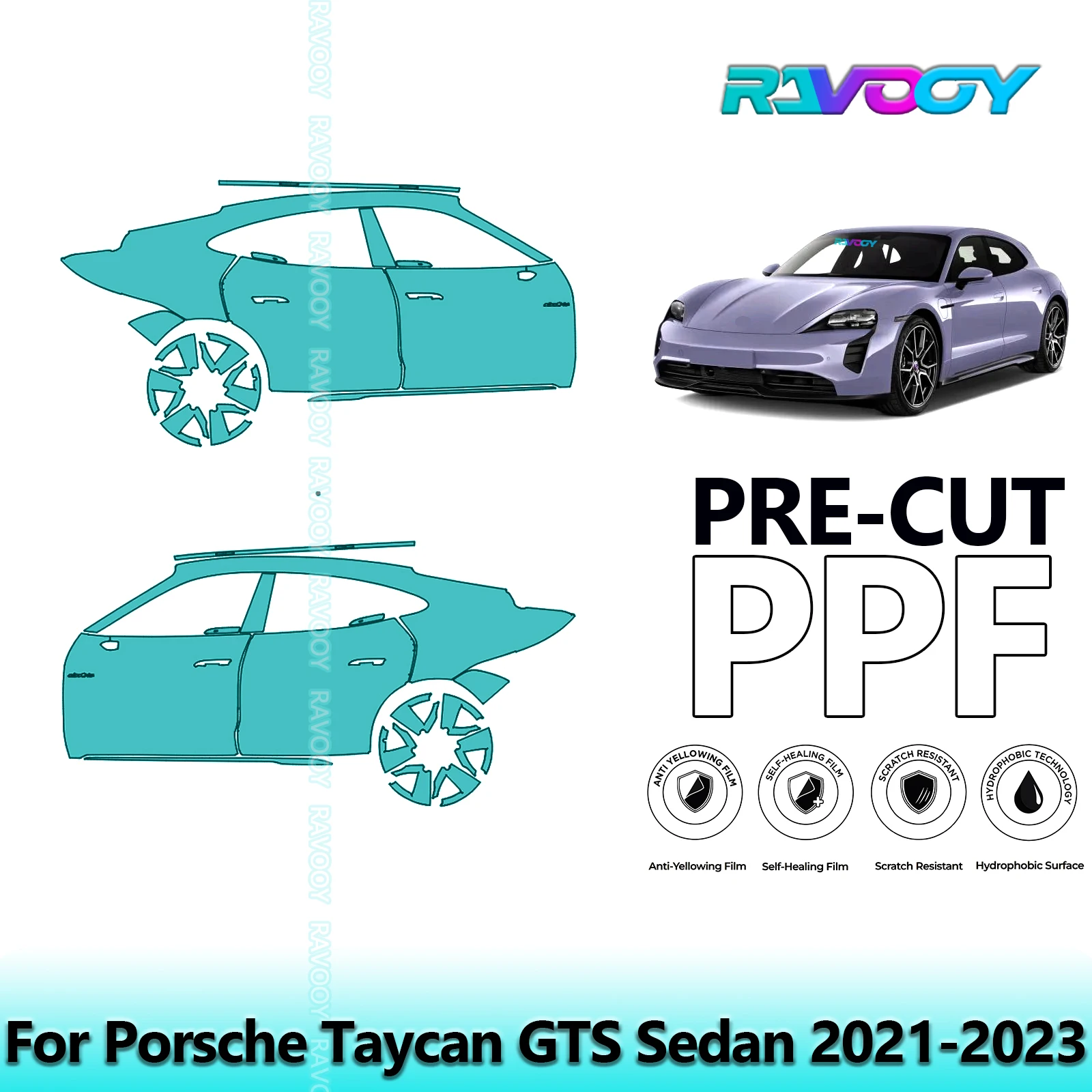 

For Porsche Taycan GTS Sedan 2021-2023 8.5mil Clear Matte Pre-Cut PPF Door & A/B Pillar Kit TPU Paint Protection Film Set