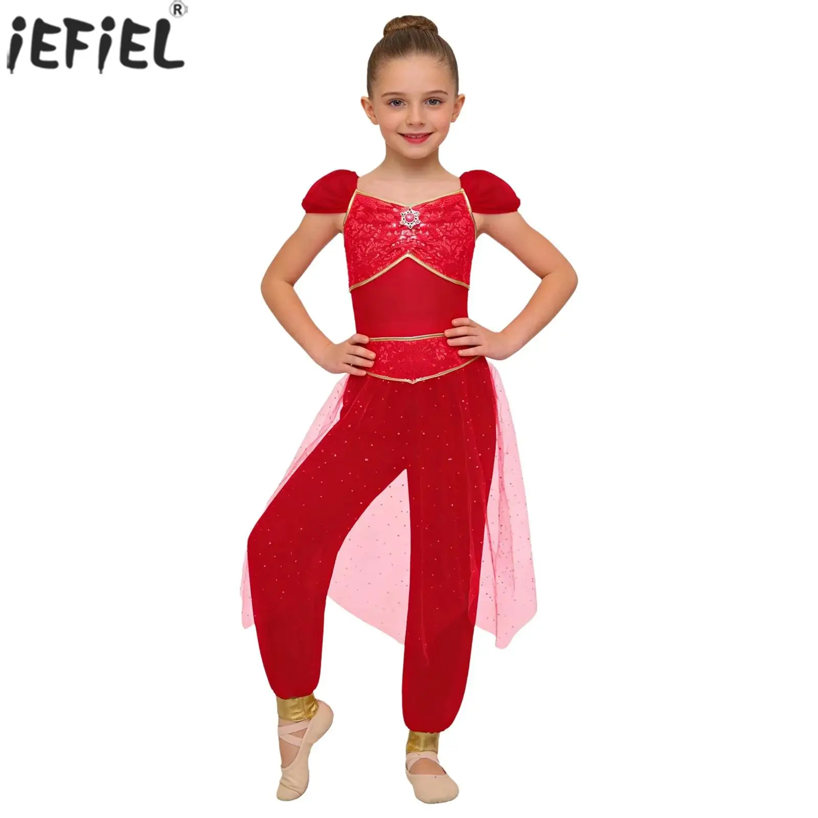 Girls Halloween Arabian Princess Belly Dance Costume Rhinestone Decor Sequined Tulle Overlay Jumpsuit Carnival Cosplay Dress Up