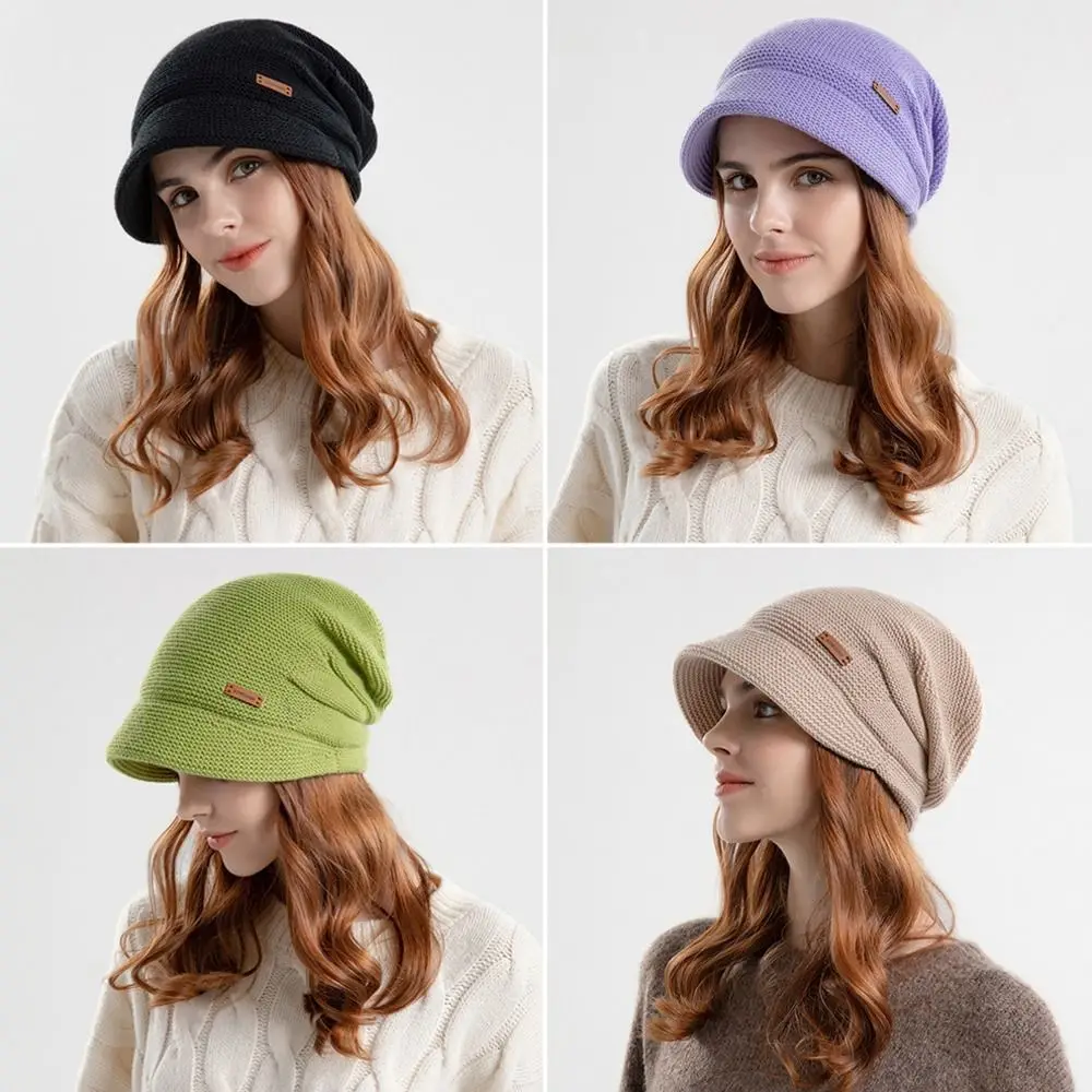 Casual Soft Knitted Hat Fleece Lined Short Brim Bonnet Thickened Keep Warm Ear Protection Outdoor