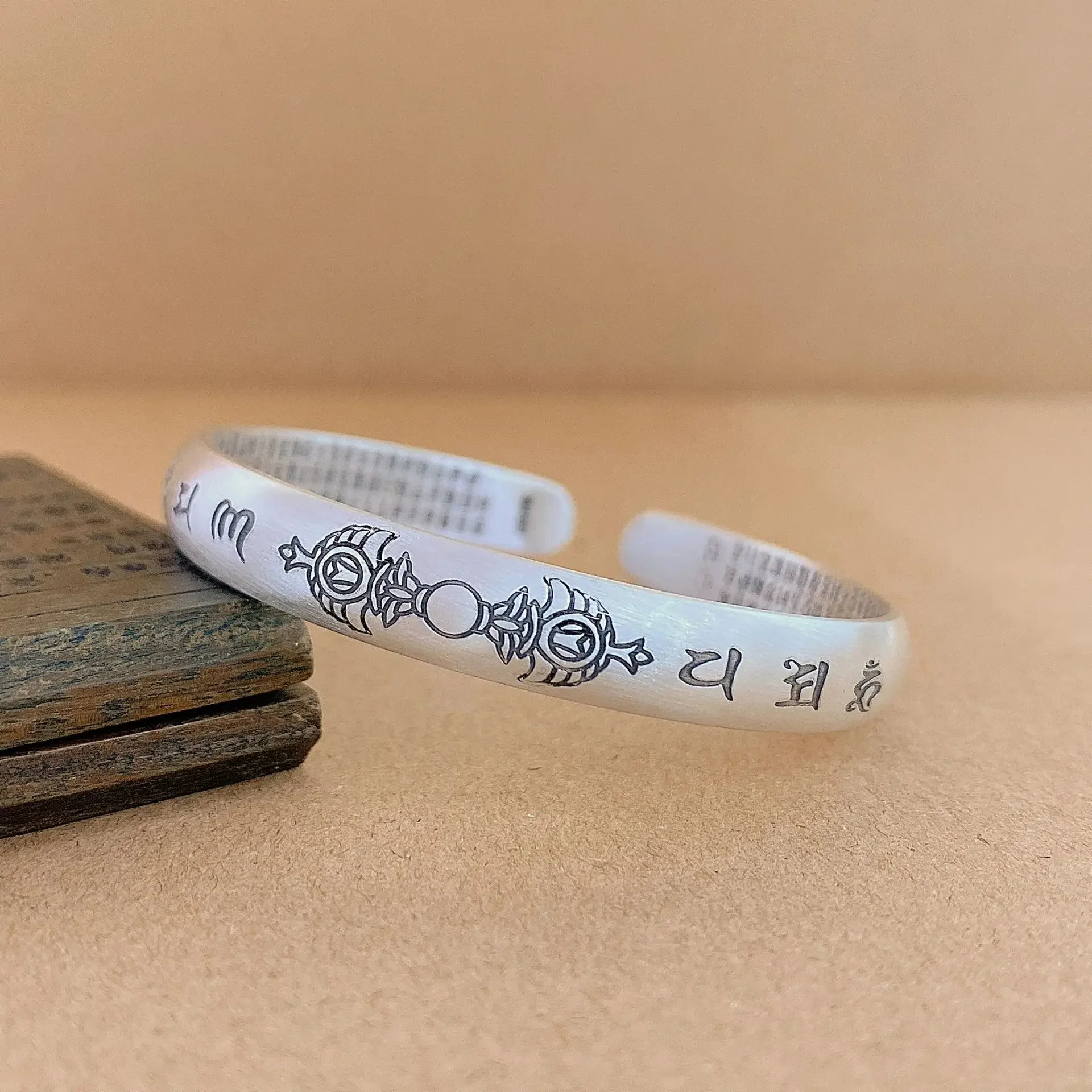 Pure Silver 999 Bracelet Vintage Thai Silver Antique Ethnic Style Carving Diamond Pestle Six Character Mantra Heart Scripture