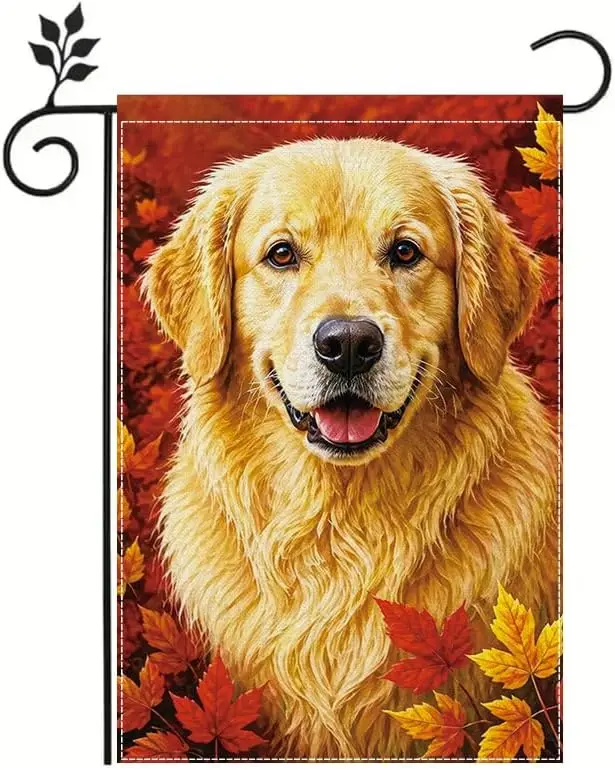 Fall Garden Flag 12x18 Inch, Golden Retriever Dog Garden Flag with Autumn Maple Leaves, Double Sided Outdoor Yard Lawn Porch yyi