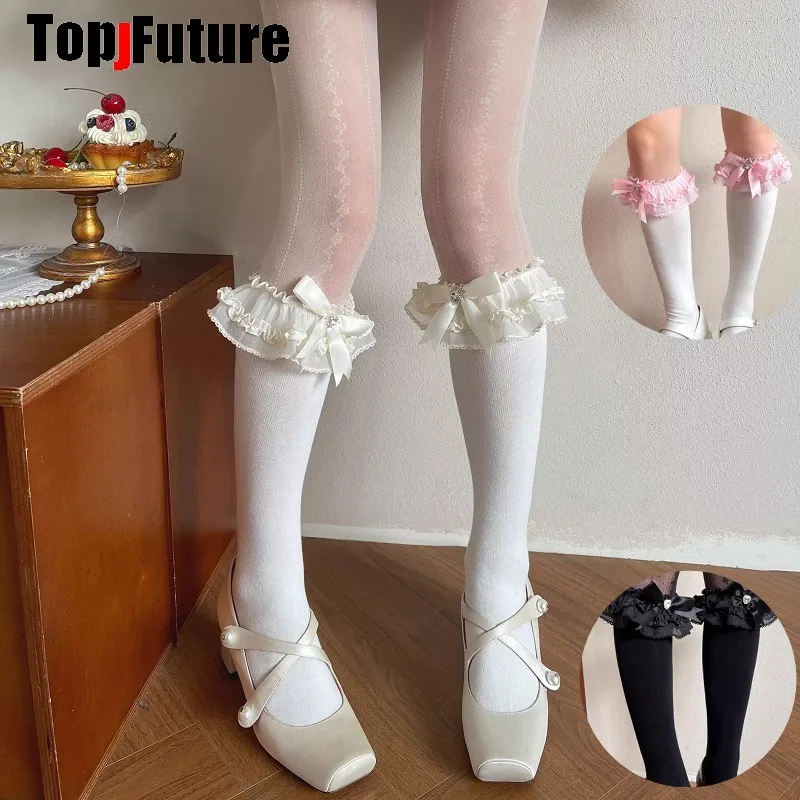 JK Y2K Girl Summer Socks Sexy Wind Lolita Balletcore Flash Diamond Bow Lace Ruffle Stock Female Long Stocking calf socks